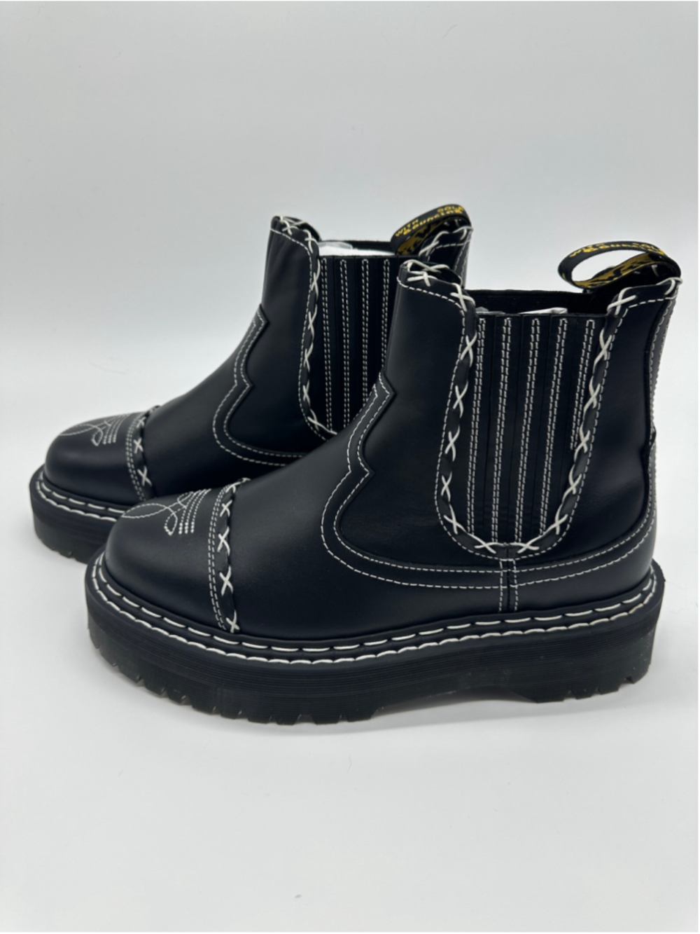 Dr Martens 2976 Quad Gothic Americana Chelsea Boots Black White Stitch M11 W12 E